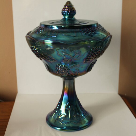 Indiana Harvest Grape Carnival Glass Iridescent Blue Covered  Dish - Picture 1 of 4